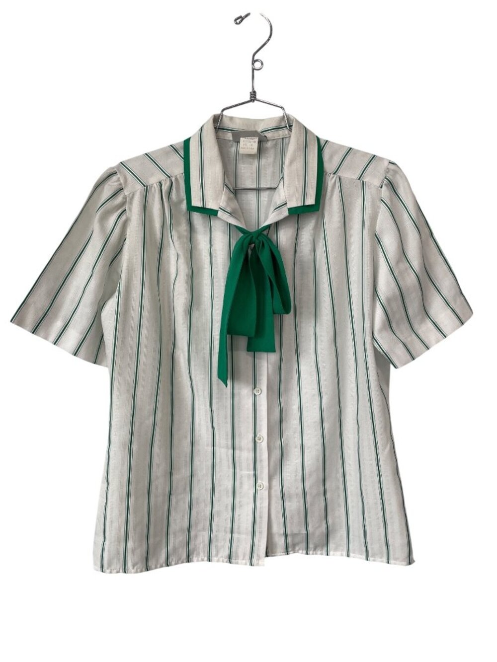 VIntage 80s Lucia Shirt Size 10 Striped Button Bow Green White Retro Academia